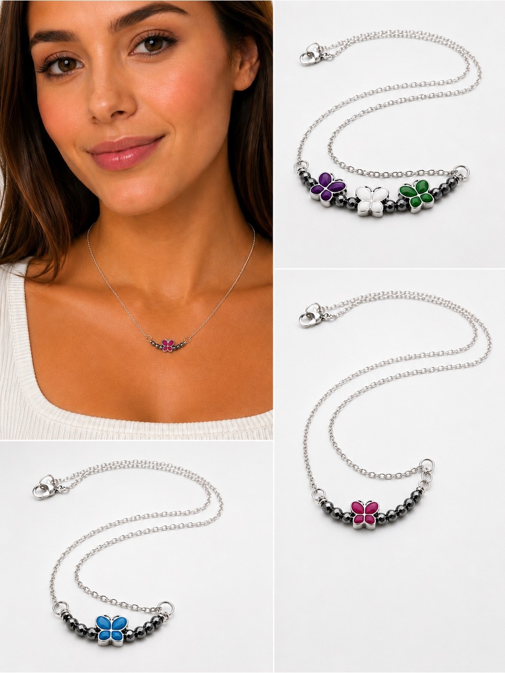Silver Tone Butterfly Necklace 16” – Pink, Blue or Multicolor